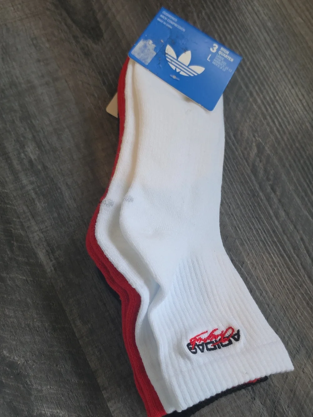 adidas Men’s 3-Pack Crew Socks - White with Red and Black Trim